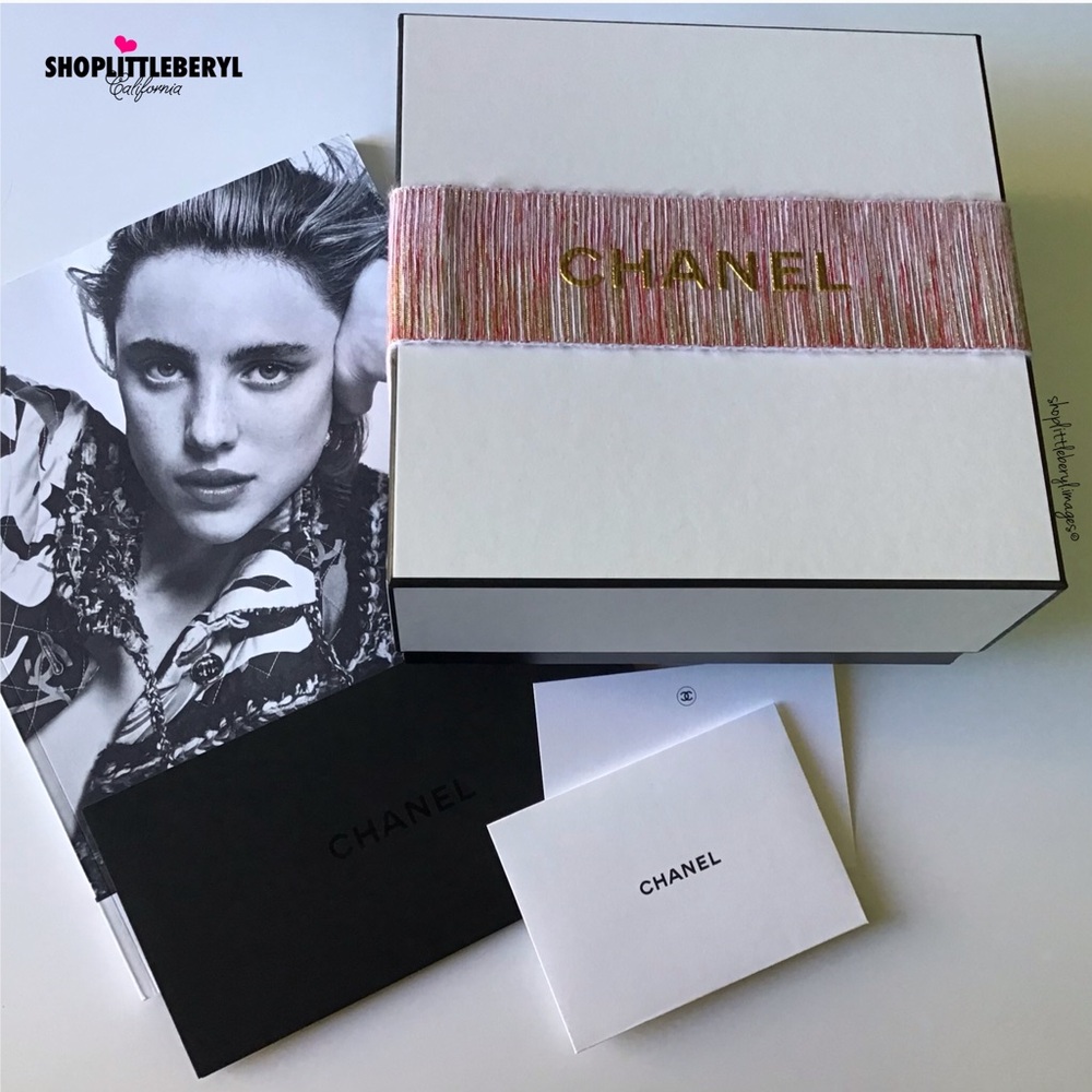 CHANEL Gift Box with Pink & Gold Metallic Ribbon, 8 Piece Set, Black & White